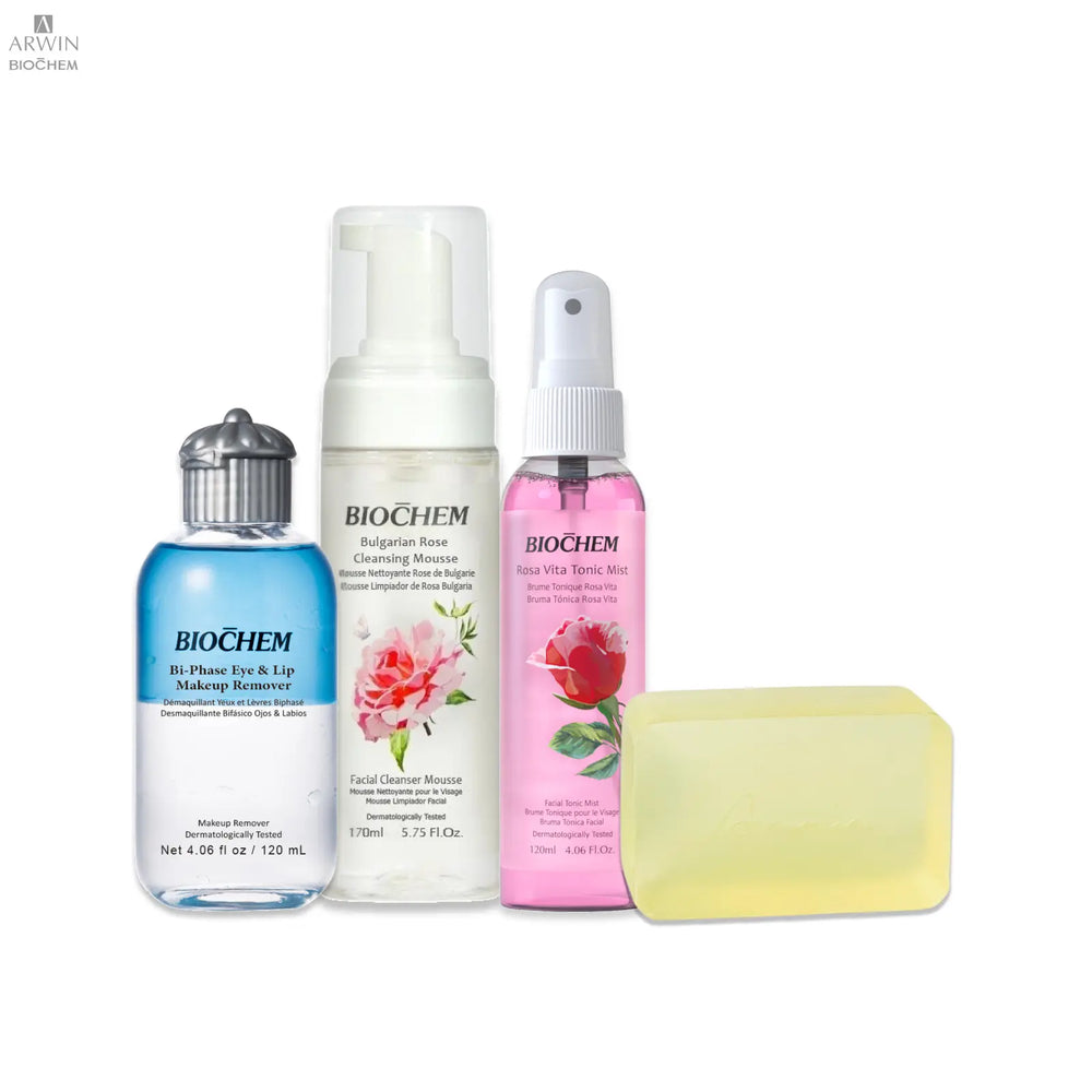 Gift Set - CLEAN, REFRESH, & RELAX 4in1 - Beauty Bar Soap, Makeup Remover, Cleansing Mousse & Toner ARWIN BIOCHEM