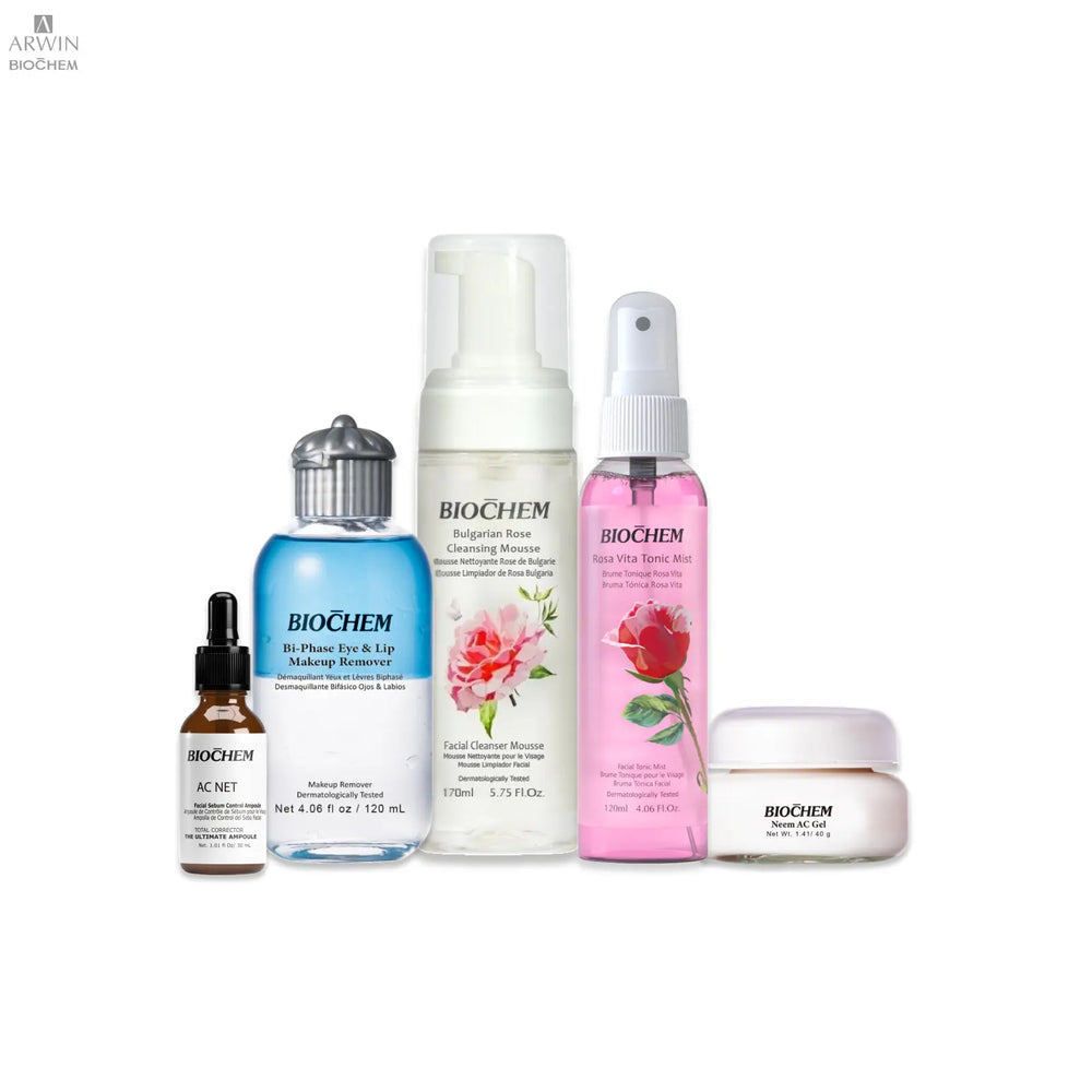 Gift Set - OILY SKIN & ACNE CONTROL 5in1 - Makeup Remover, Cleanser, Toner, Ampoule & Moisturizer ARWIN BIOCHEM