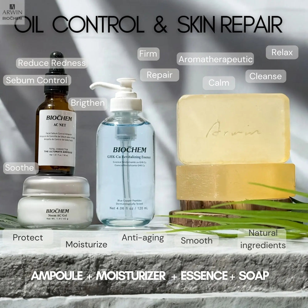 Gift Set - Oil Control & Skin Repair 4in1 - Bar Soap, Ampoule Treatment, Essence Serum & Face Moisturizer ARWIN BIOCHEM